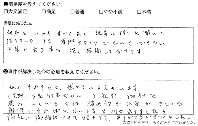 対応もいつもすごく良く、親身に話しを聞いていただきました