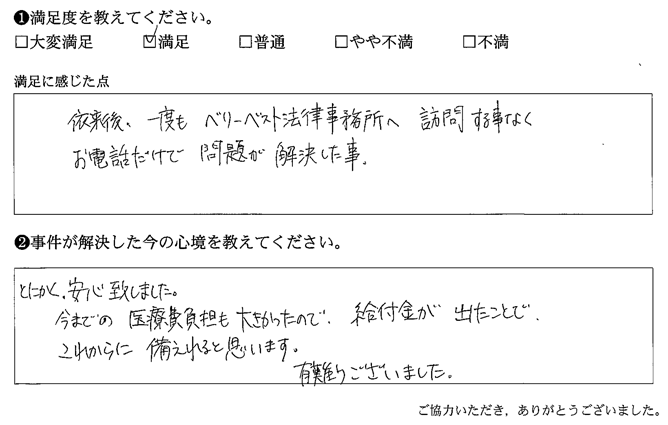 ベリーベスト法律事務所へ訪問する事なく、お電話だけで問題が解決した