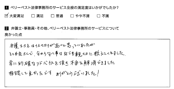 常に的確なアドバイスを頂き不安を解消できました