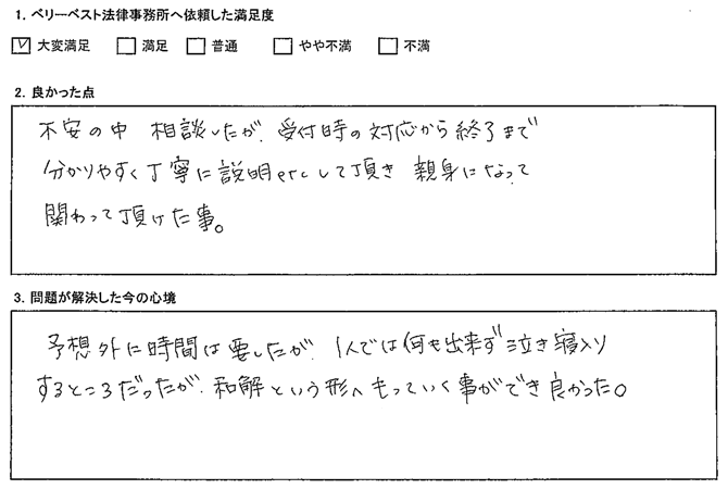 1人では何も出来ず泣き寝入りするところだったが、和解という形へもっていく事ができ良かった